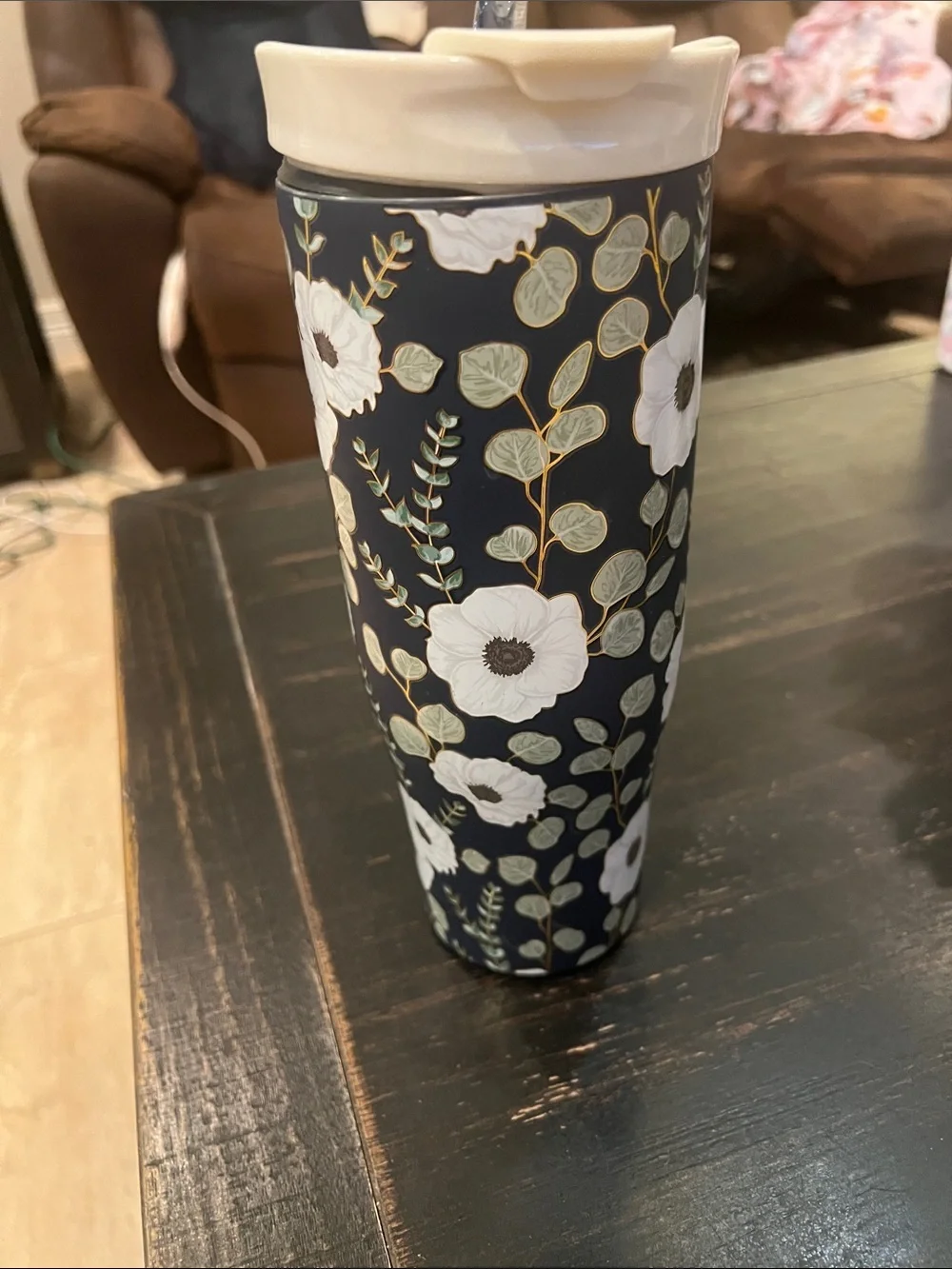 Simply Belle Navy Floral Travel Mug with Cream Handle and Lid